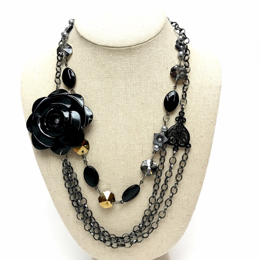 Statement Necklace Black Large Metal Rose Glitz